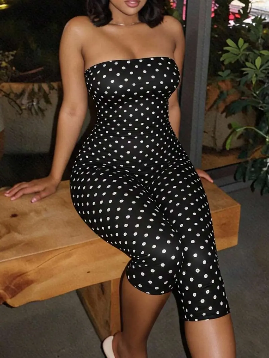 Plus Size Black Polka Dot Printed High-Elastic Knit Strapless Jumpsuit/Romper With Lace Trim Hem, Capri Pants.Casual,Going Out,Party,Night Out,Sexy