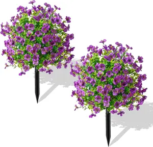 Artificial Topiary with Violet Flower for, Set of 2 Artificial Boxwood Topiary Ball with Spikes, UV Resistant Fake Bushes Shrubs, Faux Greenery Shrubs for, Front Porch (Purple)