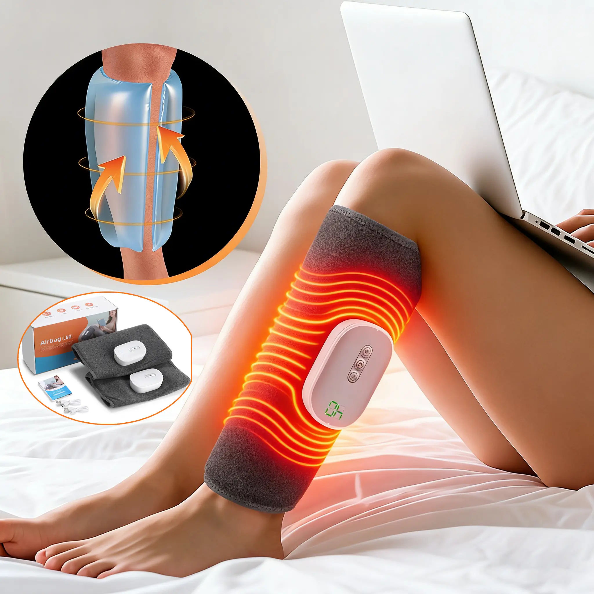 Cordless Leg & Calf Muscle Massager with Relaxing Heat Compression, 8 Intensity Levels, 4 Customize Modes for Muscle Relaxation