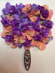 Custom made Mirror #102 Purple & Pink Floral Design with Decorative Handle for Home Decor that can be used for everyday use or as a table centerpiece in a bedroom or home. Clear Reflection Versatile Use Sleek Design Enhances Any room classy and Elegant.