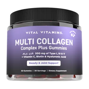 Vital Vitamins Multi Collagen Complex Plus Gummies - 500mg Collagen Types I, III & V with Hyaluronic Acid, Biotin, Vitamin C & Vitamin D - Wild Berry, 60 Gummies