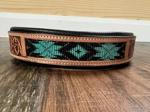 Handcrafted Padded Leather Tooled Dog Collar With Teal Beading