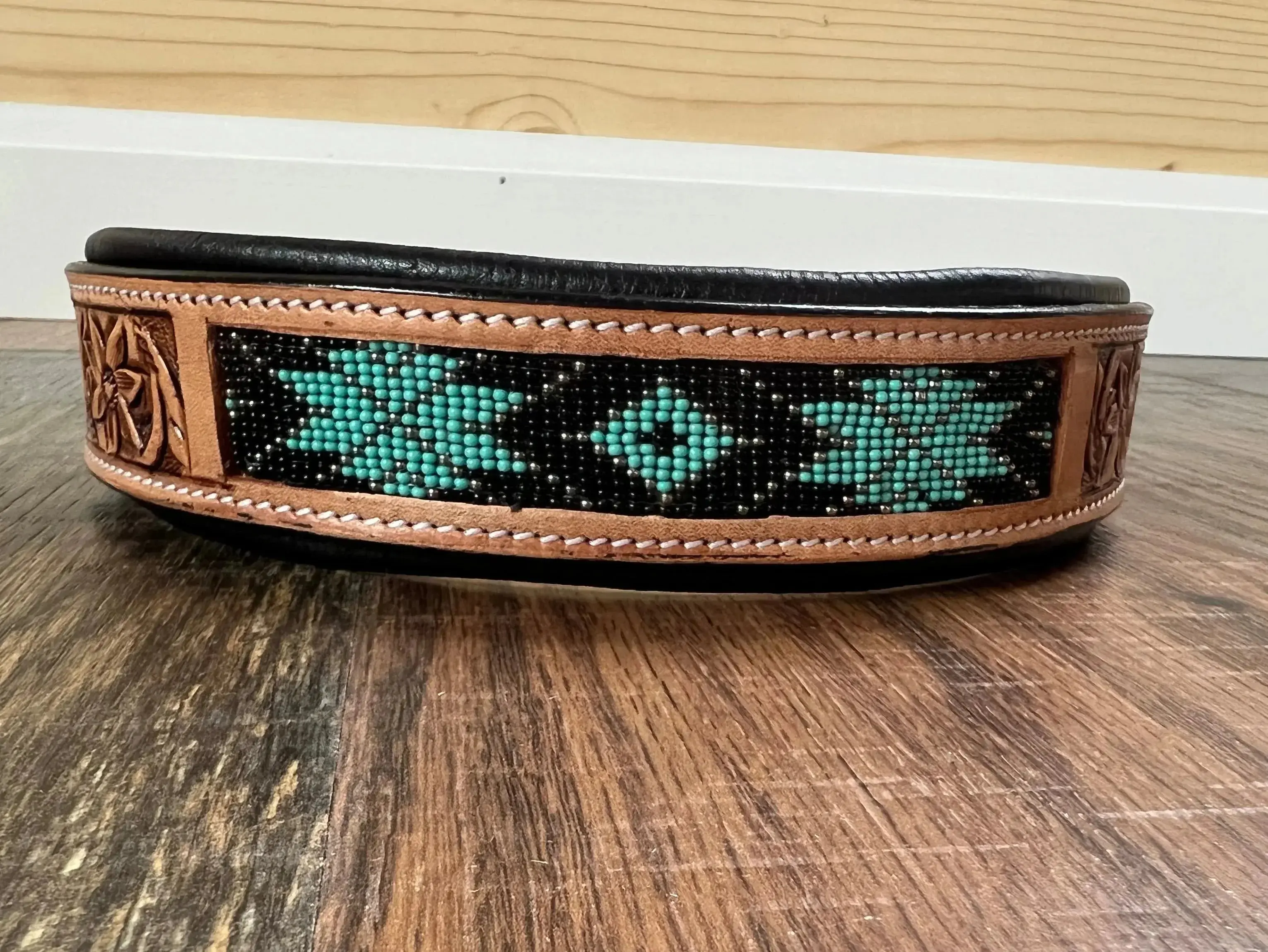 Handcrafted Padded Leather Tooled Dog Collar With Teal Beading