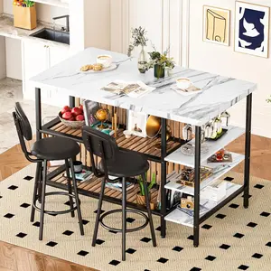LinkRomat Kitchen Island with Storage Small Dining Table for 2, Modern Counter Height Dining Table Set W/ 2 Upholstered PU Stools, Bistro Table and Chairs Set of 2 W/ 5 Shelves for Small Spaces Kitchen, Bistro, Pub