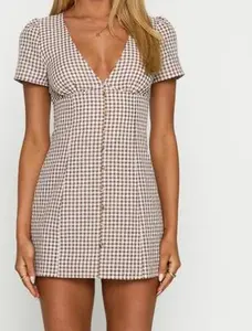 Princess Polly Loveliness Playsuit Brown Check V-neckline Ruched Bust Cap Sleeves Zip Closure Non-stretch Cotton Polyester Womenswear