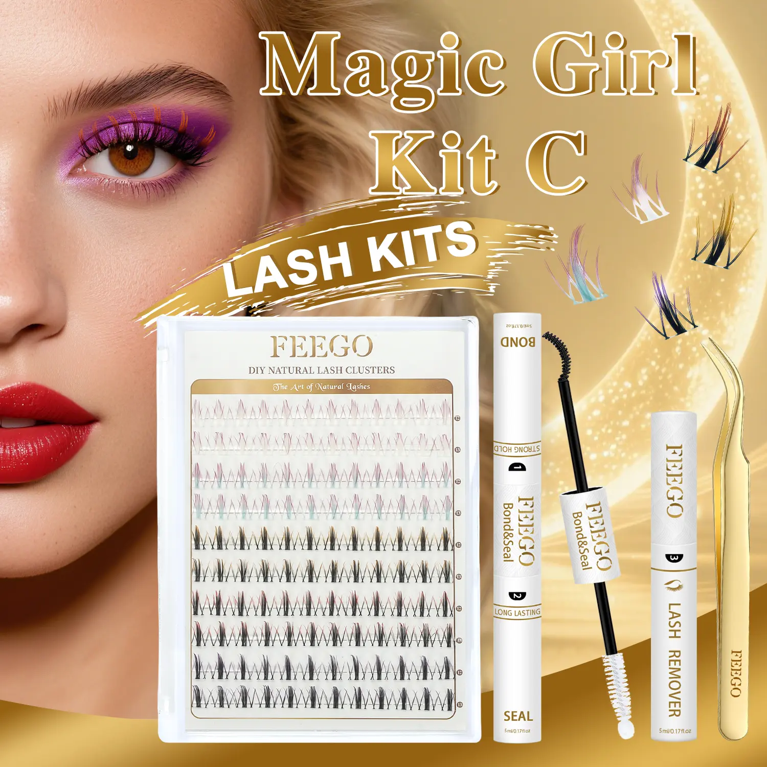 FEEGO Magic Girl Kit C DIY Lash Cluster - Manga Graduated Color Lashes with Color Tips Lightweight Reusable Dramatic 3D Effect Wet-Look Spiky Anime Lashes for Cosplay & Everyday Wear - Makeup