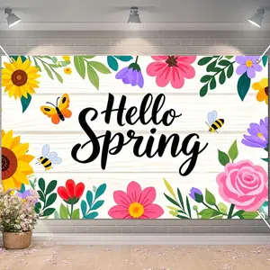 Spring Banner Hello Spring Decorative Backdrop for Spring Summer Party Decorations Indoor Outdoor Home Porch Use 71 * 43inchs Flowers Butterflies and Bees Background Photo Booth Decoration