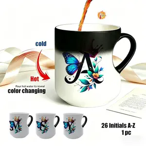 1pc Initial A-Z Color Changing Mug, Butterfly & Crown Design Heat Sensitive Magic Ceramic Coffee Cup, 11oz Personalized Letter Mug, Birthday Gift for Women, Home Office Drinkware, Floral Gift Mug