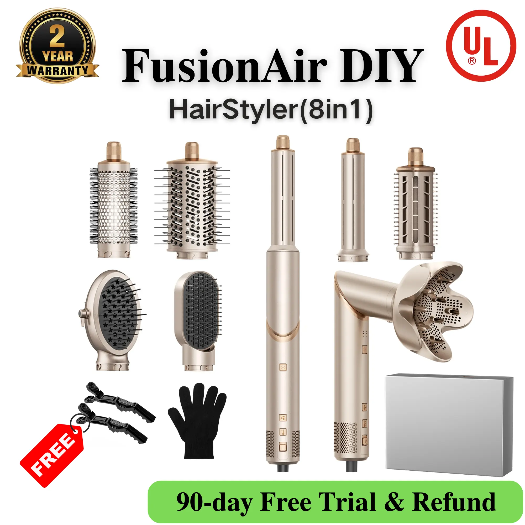 8-in-1 High-Speed Hair Dryer and Styling Set,Automatic Air Curling Iron & Volumizing Blowout Brush,Fast Drying Hair Straightener Combo,Champagne Gold,Daily Hairstyle