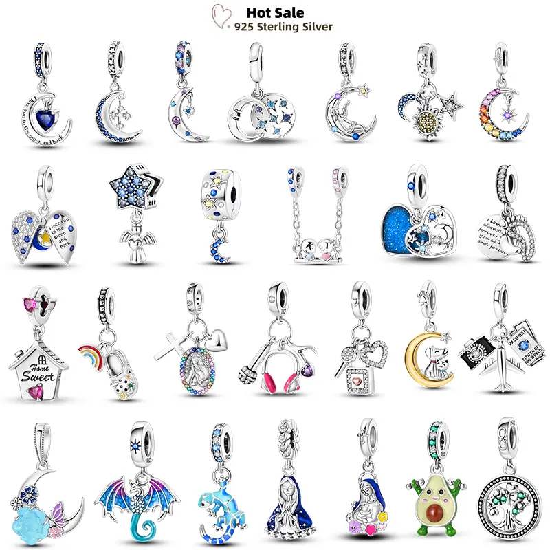 Luminous Star Moon Sun Charms 925 Sterling Silver Original Bracelets Avocado Rose For Women Fine  Beads DIY Paty Jewelry Gifts
