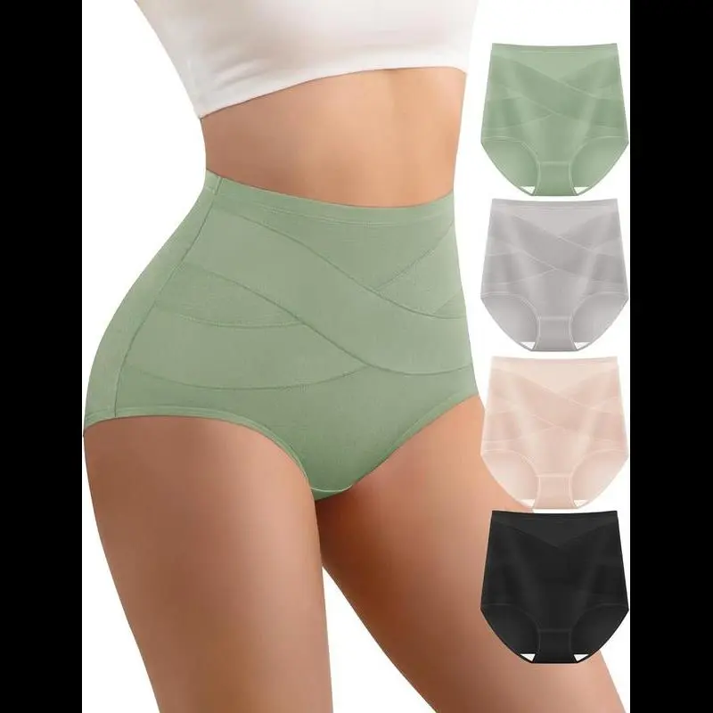 Women's High Waisted Cotton Underwear Panties Ladies Stretch Breathable Full Coverage Briefs 4 Pack