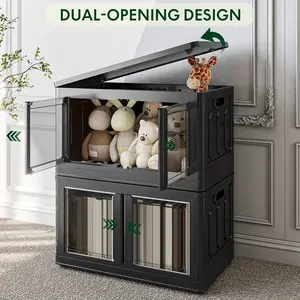 New 3pcs 19Gallon Foldable Plastic Storage Bins With Clear Doors, Stackable Free Standing Box For Books, Snacks, Clothes, Make-up Items, Storage Containers For Bedroom, Bathroom, Living Room, Car, Kitche Organiser