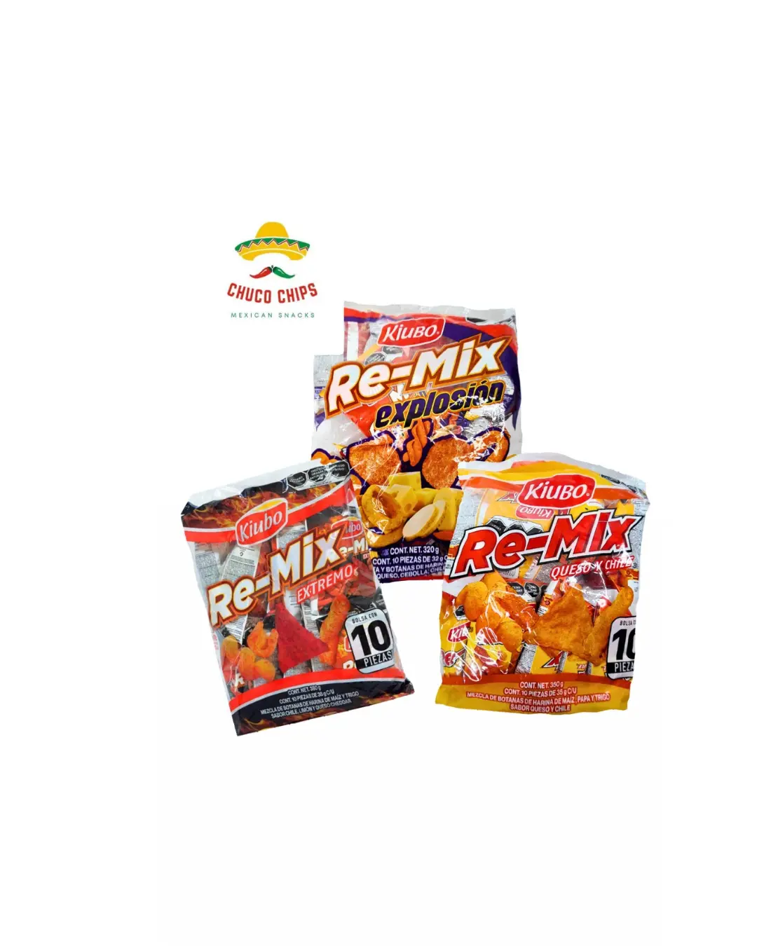 Kiubo Re-Mix Explosion,Queso y Chile, y Extremo. Bag with 10 bags. Net weight 320/350 grams. Spicy crunchy cheesy chips Mexican Chips Remix