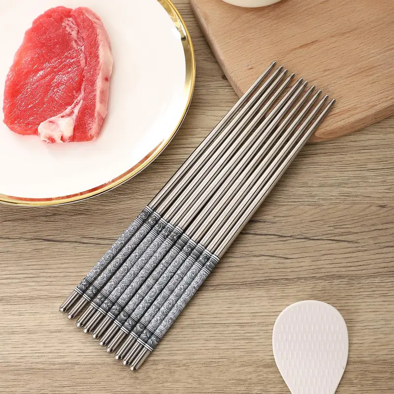 Stainless Steel Chopsticks, 5 Pairs Floral Pattern Durable Chopsticks, Chinese Style Chopsticks for Home Kitchen