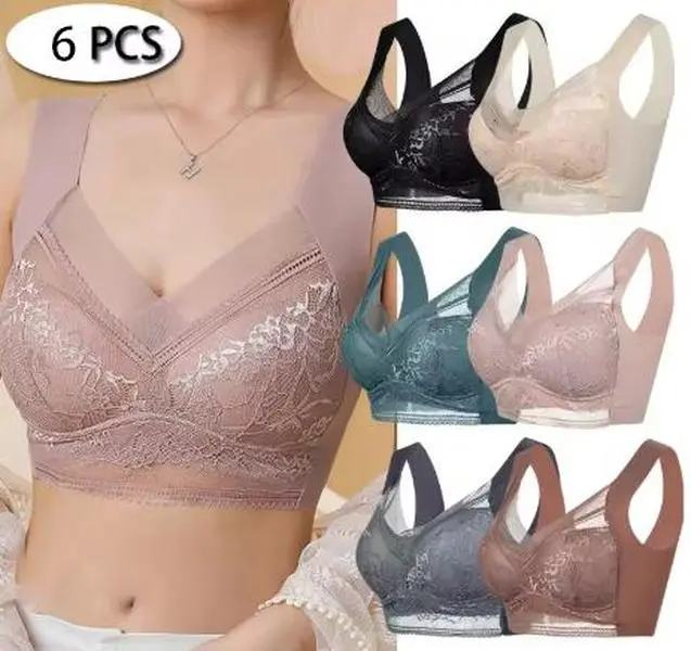 Women's 6-Piece Wire-Free Seamless Bralette Underwear Sets - V-Neck Retro Wedding Sweet Bras, Stretch Nylon Fabric, Breathable, No Digging, Back Smoothing, Lace Design, Ideal for Christmas, Thanksgiving, Chinese New Year, Fantasy, Push Up, Apricot, 3/4 Co