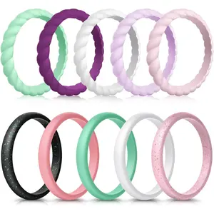 10 Pack Silicone Wedding Ring for Women, Thin and Braided Rubber Band, Fashion, Colorful, Comfortable fit, Skin Safe