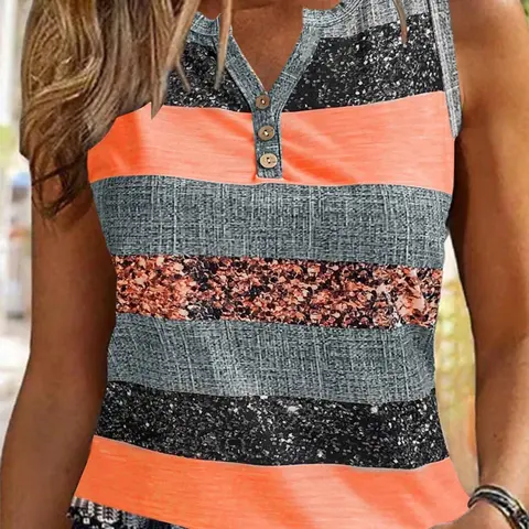 Women's Colorblock Striped Print Notched-Neck Sleeveless Fitted Button-Front Casual Tank Cami Top for Summer, Ladies' Daily Wear, Sleeveless Tank Tops