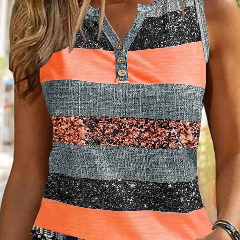 Women's Colorblock Striped Print Notched-Neck Sleeveless Fitted Button-Front Casual Tank Cami Top for Summer, Ladies' Daily Wear, Sleeveless Tank Tops