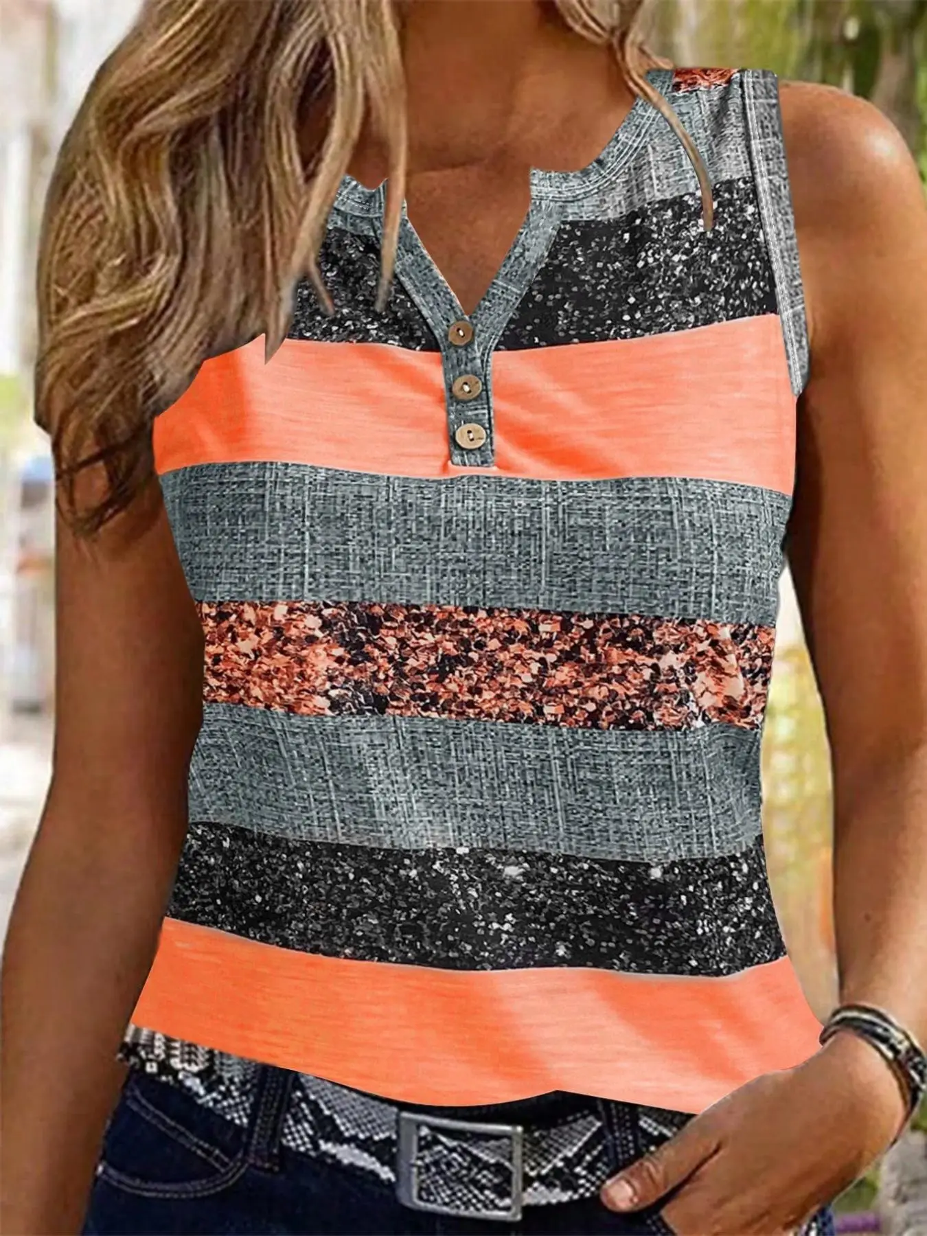 Women's Colorblock Striped Print Notched Neck Tank Top, Casual Sleeveless Button Front Top for Summer, Ladies Clothes for Daily Wear