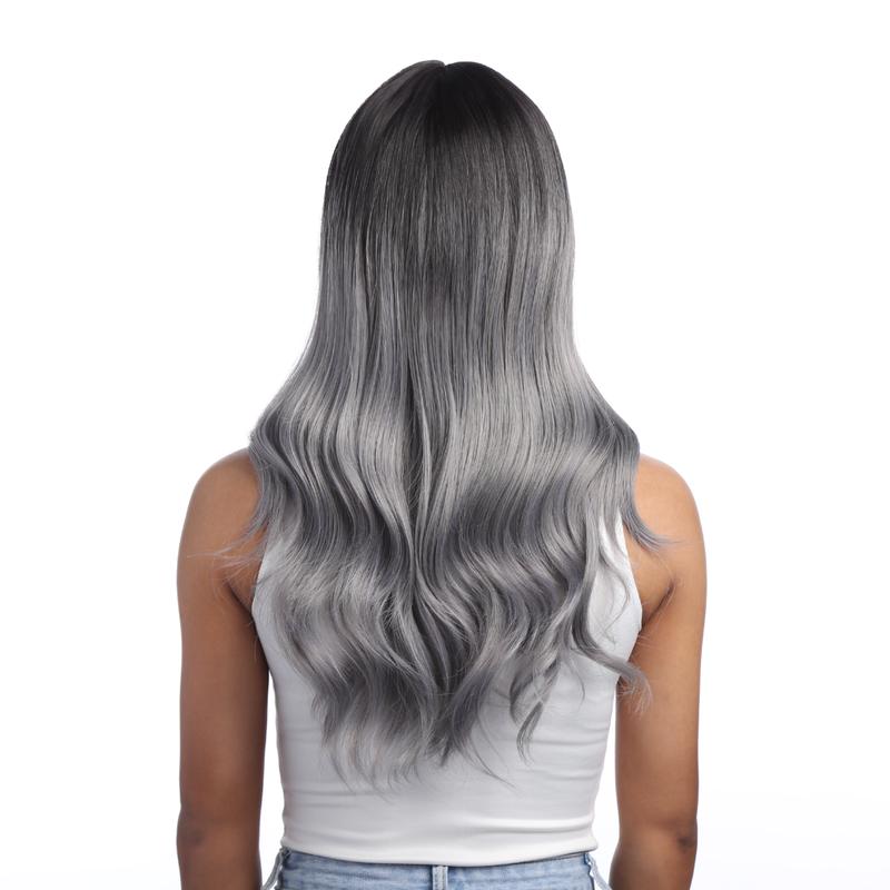 19-Inch Subtle Blue-tinted Smokey Silver Ombré (Black Roots) Gentle Wave Synthetic Wig | 【Heat Resistant】【Cap Included】 | FSGB
