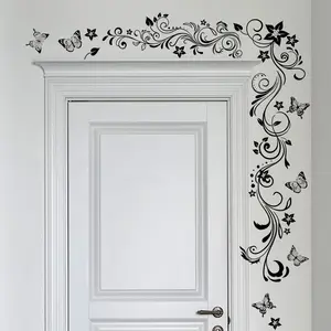 Butterfly & Flower Pattern Door Sticker, 1 Set Vintage Wall Decal, Self Adhesive Wall Sticker, Decorative Sticker for Home Living Room Bedroom, Decoration Sticker