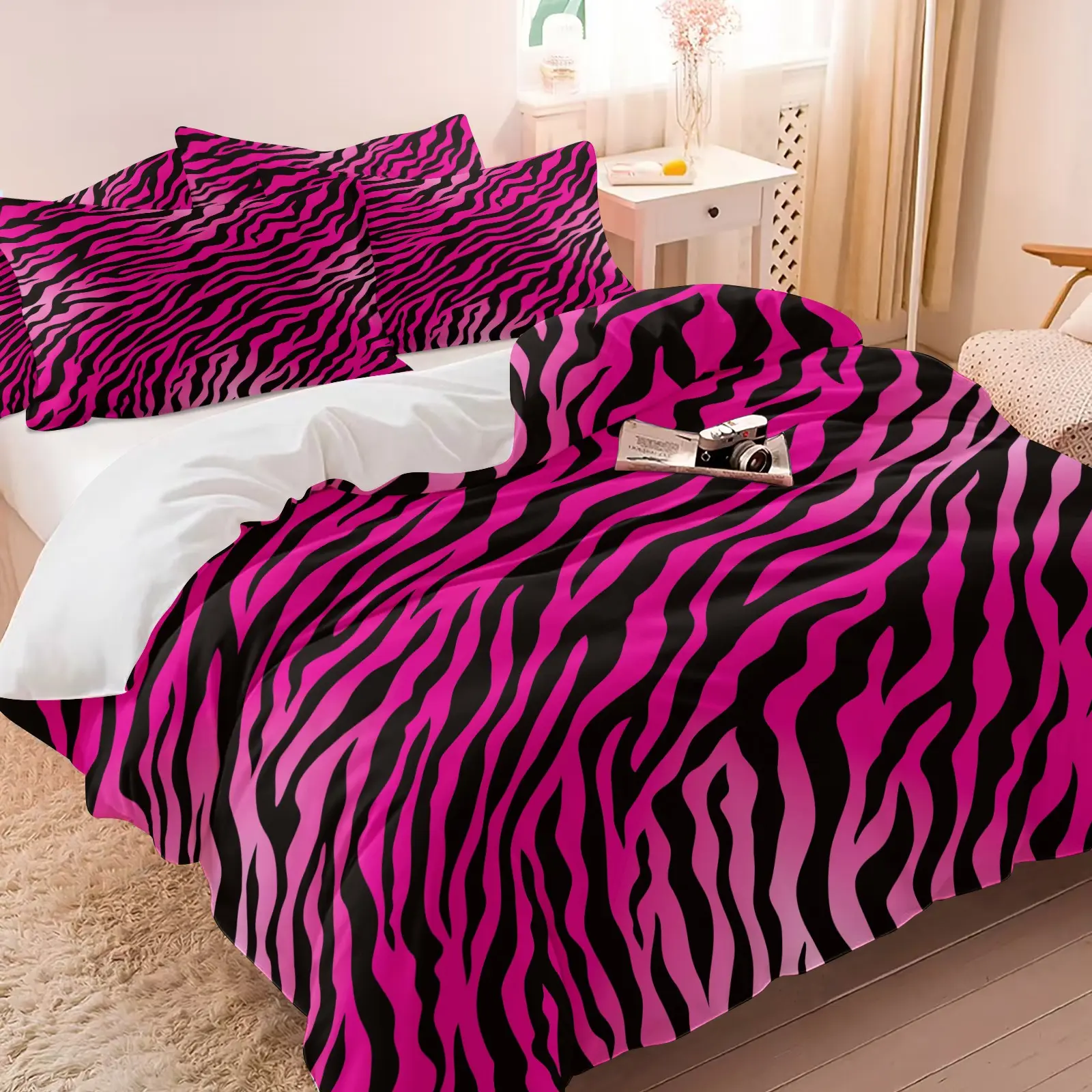 Black Pink Zebra Print Duvet Cover Set, 1 Duvet and 1-2 Pillowcases No Core, Hot Pink Base Color Paired with Black Zebra Stripe Lines, Soft Bedding, Y2K Millennial Style Bedroom Decor, Gift Choice