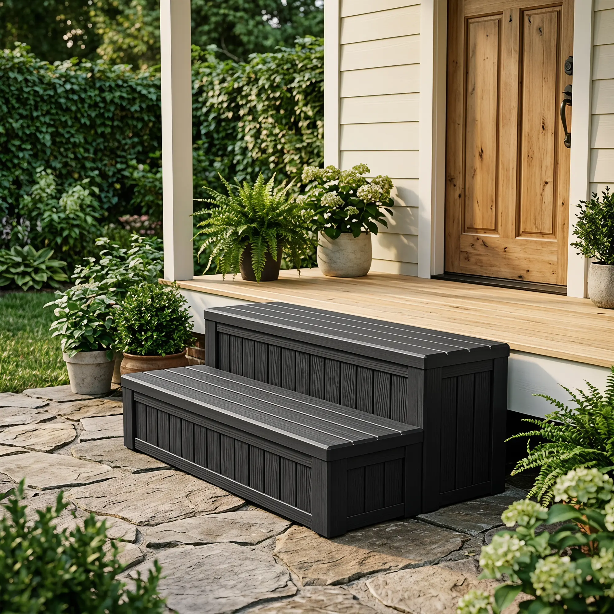 Outdoor Pool and Hot Tub Steps with Large Storage Compartments for Pool Accessories, Non-Slip Steps, 36 Inches Long, Pool Ladder with Seat, Black, Summervibes