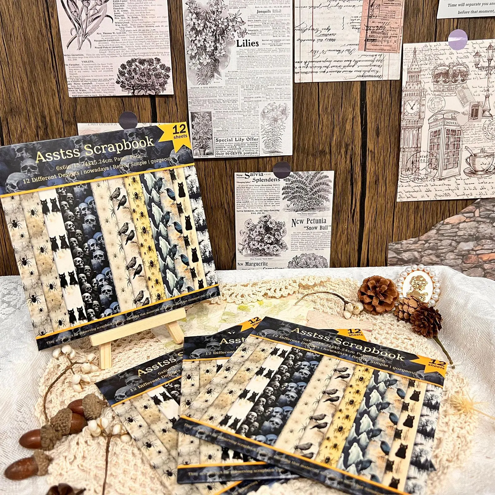 Scrapbooking Paper Pad, 12 Sheets Vintage Skull Background Scrapbooking Paper, DIY Decorative Papers, Scrapbook Materials for Journaling, Collage Art, Greeting Cards, Crafts, Scrapbook Page
