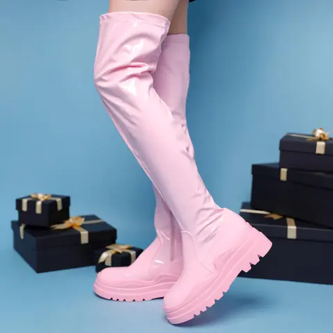 BELOVELY【CITY-2】 Women's Thigh High Boots Patent Leather PU Heeled Over The Knee High Boots Sexy Round Toe Platform Boots Girl Walking Shoes Footwear Rubber Shoe Stylish Comfort Soft Elastic Court high heel