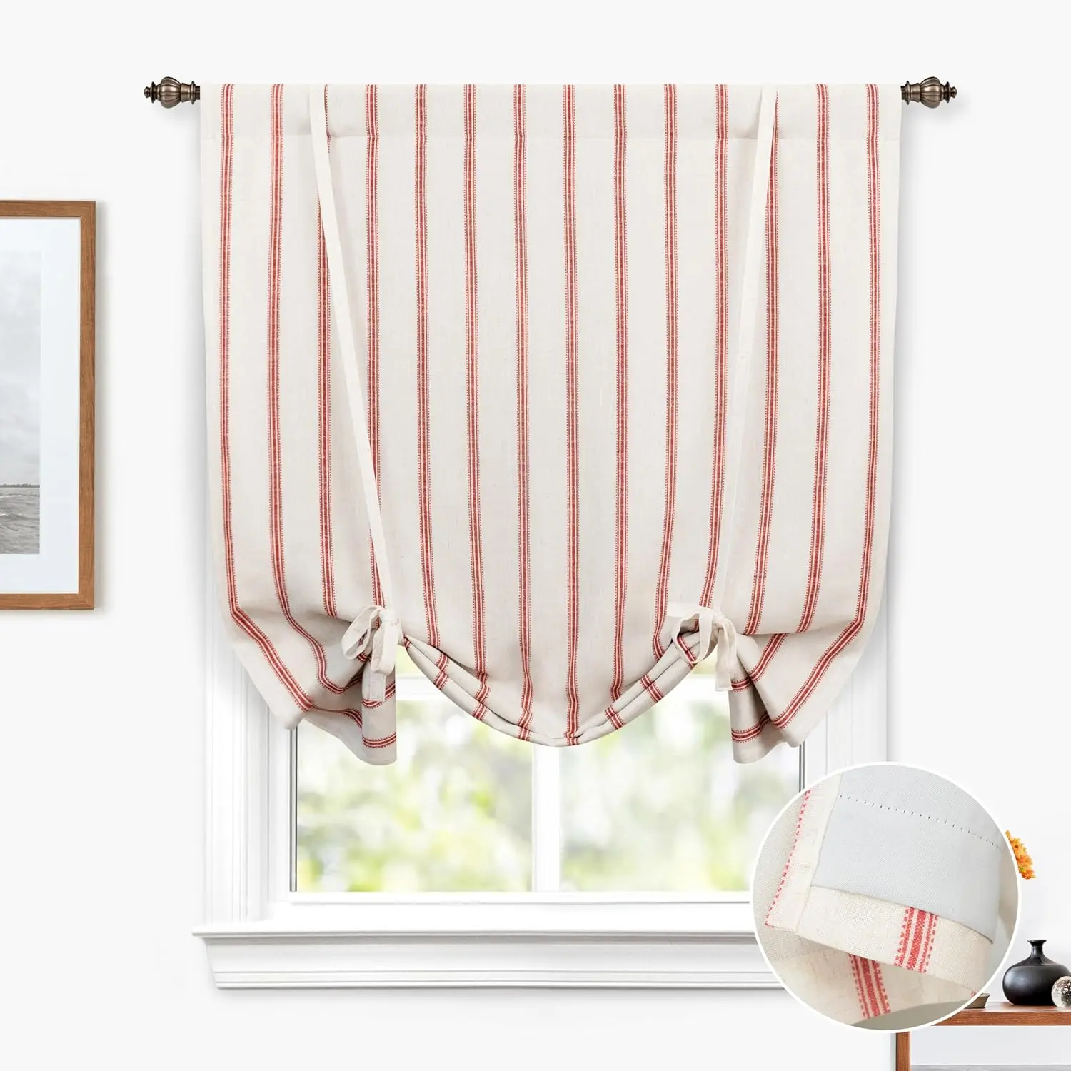 Farmhouse Double Layer Linen Blackout Tie Up Curtains Thermal Insulated Vertical Striped Fully Lined Balloon Roman Shade Bathroom Window Adjustable Rod Pocket 45 Inch by 63 Inch Red