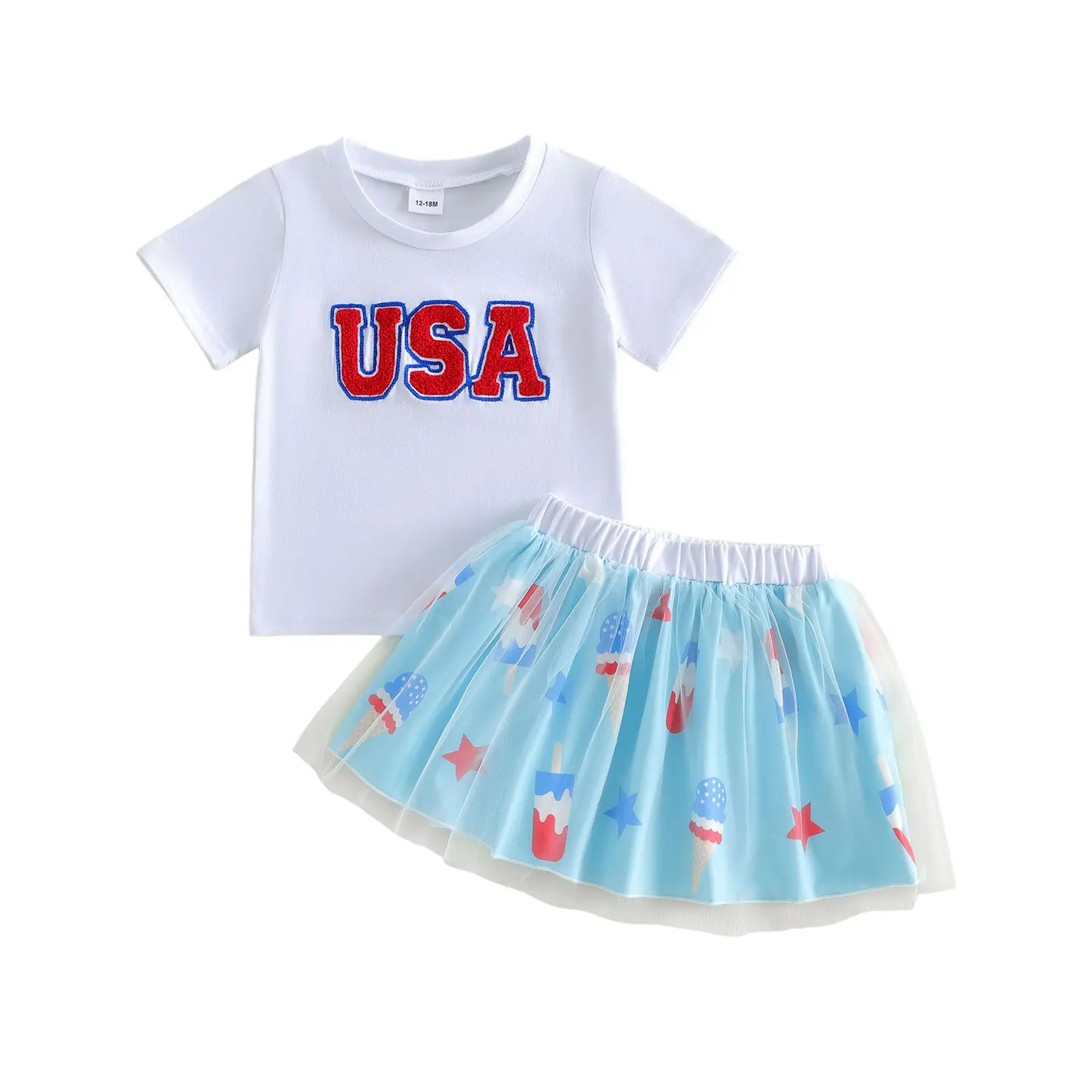 Canrulo Toddler Baby Girl 4th of July Outfit USA Embroidery Shirt Top and Tulle Mesh Popsicle Tutu Skirts Kids Girl 2Pcs Independece Day Clothes 1-5T
