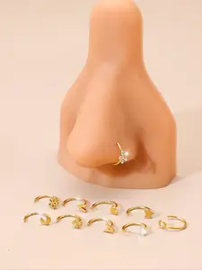 10-Piece Set of Heart-Shaped Nose Rings in Various Styles, Nose Ring Jewelry, 20G-C Shaped 18K Gold-Plated Hypoallergenic Zircon Nose StudsNose Piercings, Includes Moon, Star, Four-Leaf Clover, Flower, Suitable for Daily Wear, Mini Nose Rings