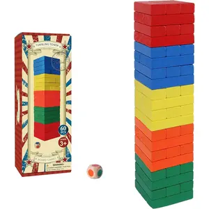 X-JP09 Tumble Tower Game for Kids and Adults, 60pcs Wooden Stacking Board Games Building Blocks for Kids and Family Games Night, Colorful Wood Balancing Blocks Game