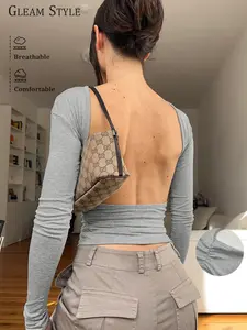 Women's Sexy Backless Long Sleeve Top Blouse, Spring & Fall Fashionable Casual Wear, European Style, Minimalist, Plain Pattern Design, Fitted Womenswear