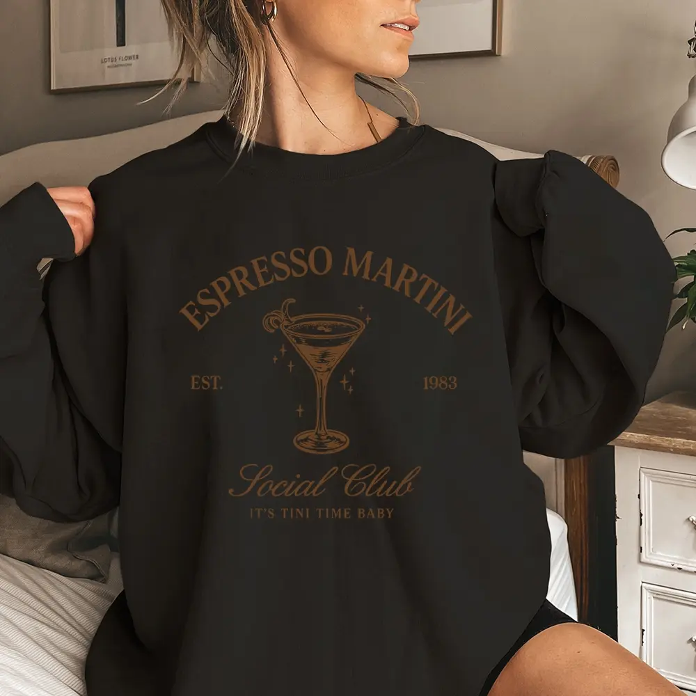 Espresso Martini Social Club Coquette Preppy Sweatshirt, Women's Sweatshirt Casual Print Long Sleeve Round Neck Pullover for Daily Wear, Ladies Clothing Fall & Winter Fashion Unisex Sweatshirts