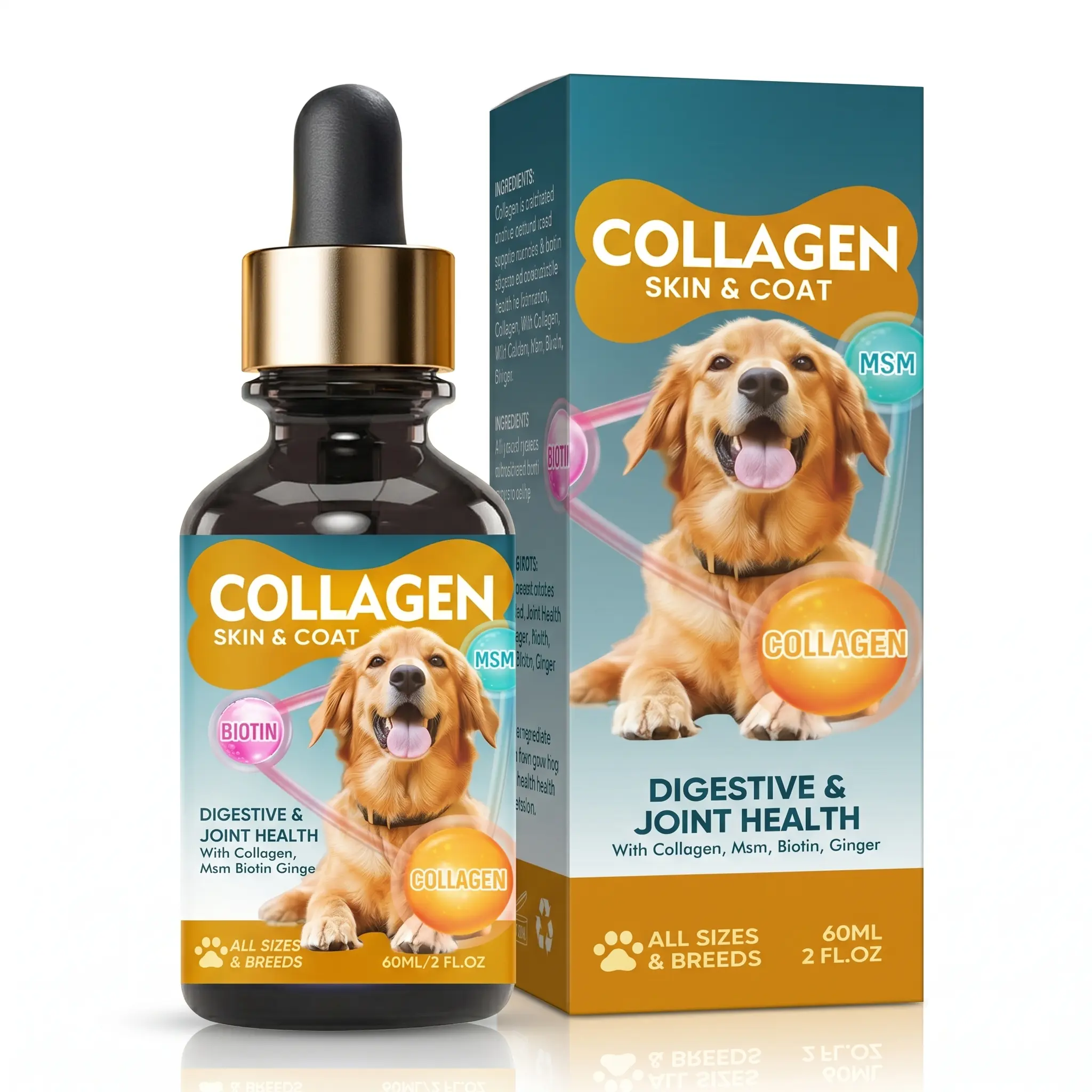 Premium Liquid Collagen Supplement for Dogs – Supports Joint Mobility, Skin & Coat Health, Digestion – with MSM, Biotin & Ginger – Easy Daily Drops for All Breeds & Sizes – 60ml / 2 FL.OZ