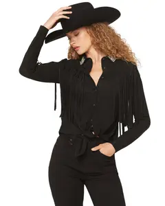 Idyllwind Women's Twinpines Faux Suede Fringe Embellished Long Sleeve - Iwho25k15-Blk