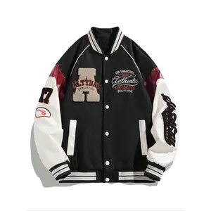 Men's Colorblock Letter Print Drop Shoulder Varsity Jacket, Regular Fit Casual Comfy Long Sleeve Button Front Outerwear for Spring & Fall, Fashion Men's Clothes for Daily Wear