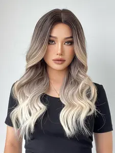 24 Inch Dark Root Dyed Synthetic Wig, Natural Look, Soft Fiber, Comfortable Puffy Feel, Daily Wear, Women's Long Wigs with Bangs, Natural Looking Wig