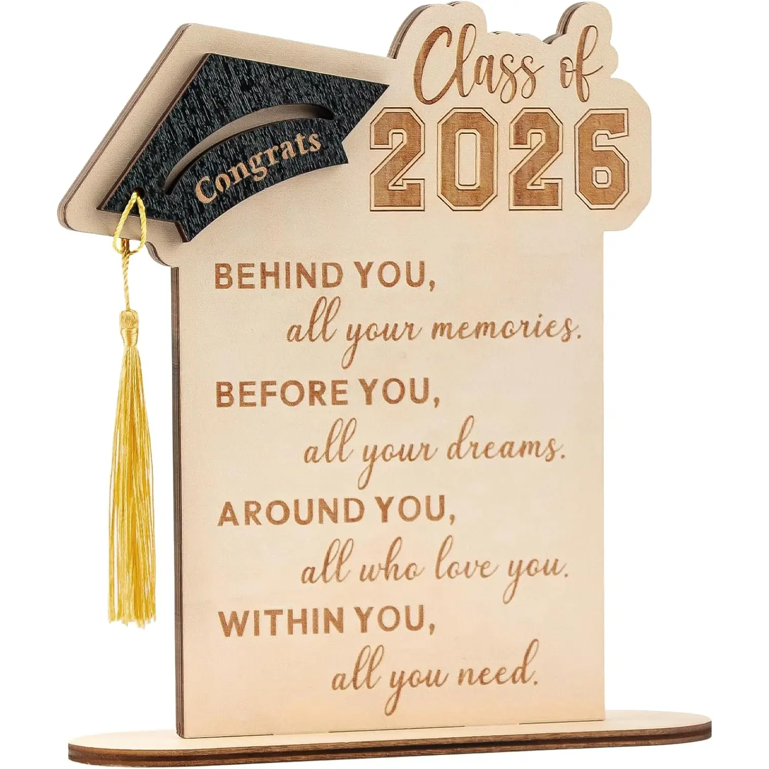 Graduation Decorations, Graduation Gifts for Class of 2026, Graduation Quote Wood Sign Desk Decor, Positive Behind You All Your Memories Wood Plaque with Stand, Desk Decoration