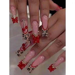 Women's 24pcs Multicolor Cute French Manicure Nail Stickers - Rectangular, 3D Line Art, Leopard Print, Red Bow, Rhinestone Designs, Smooth Surface, Full Coverage False Nails for Daily Wear