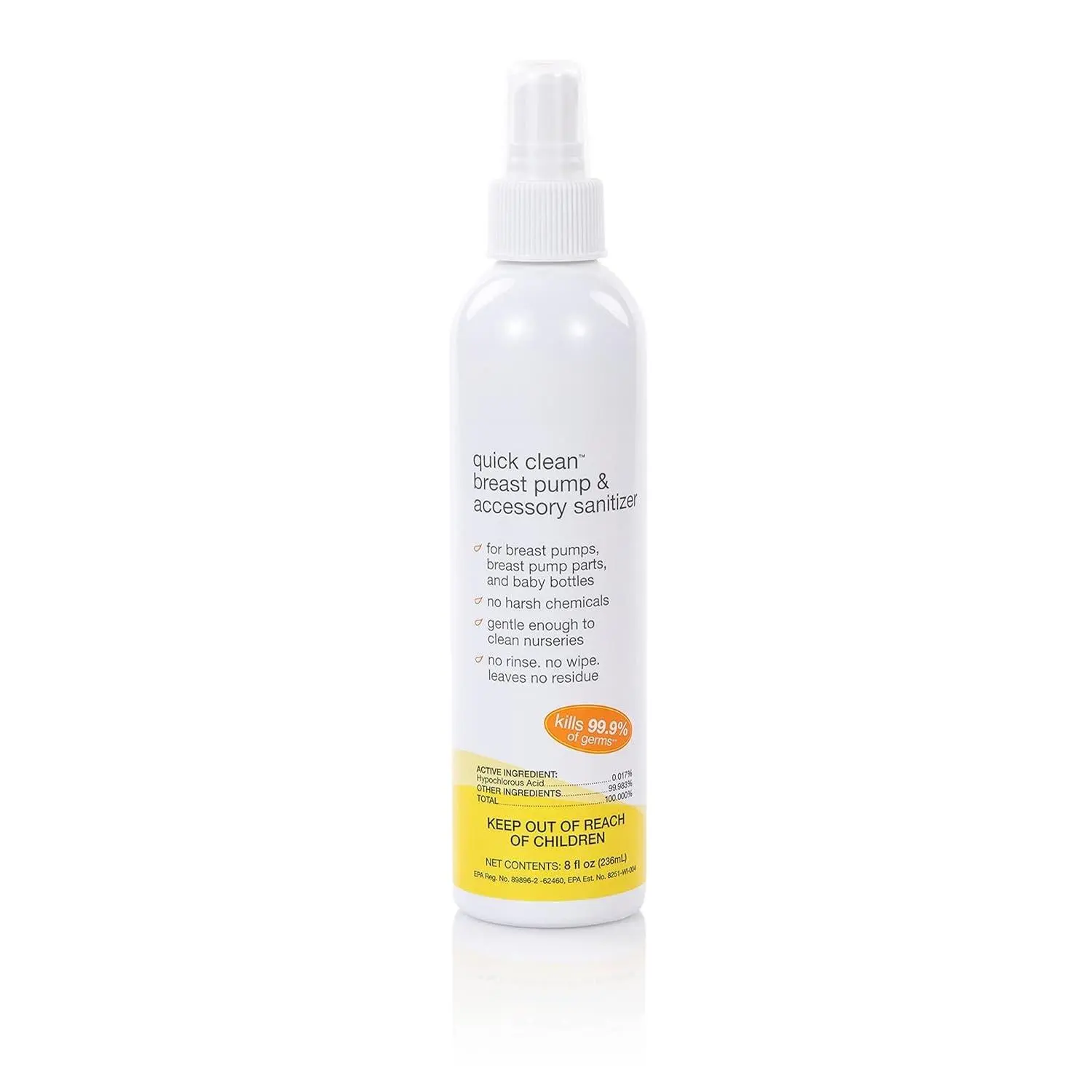 Quick Clean Breast Pump and Accessory Sanitizer Spray Safe No Rinse Breastpump Sterilizer Eliminates 99.9 of Common Bacteria and Germs 8 Fluid Ounces, Clear