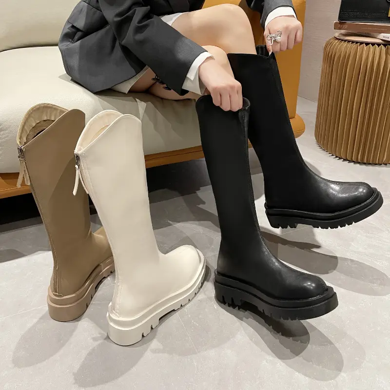 Women's Over-the-Knee Chelsea Boots - Solid PU Leather, Chunky Platform Heel, Square Toe, Casual Back Zipper, Synthetic Upper, Cloth-Lined, All Seasons Casual Wear, PU Sole