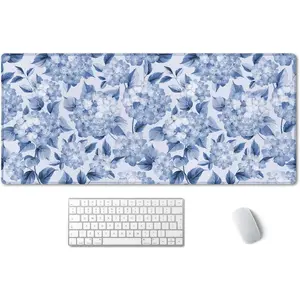Blue Hydrangea Flowers Desk Mat, Floral Large Aesthetic Mouse Pad 24" X 14", Waterproof Desk Mat Stitched Edges, Non-Slip Laptop Computer Keyboard Mousepad for Office and Home