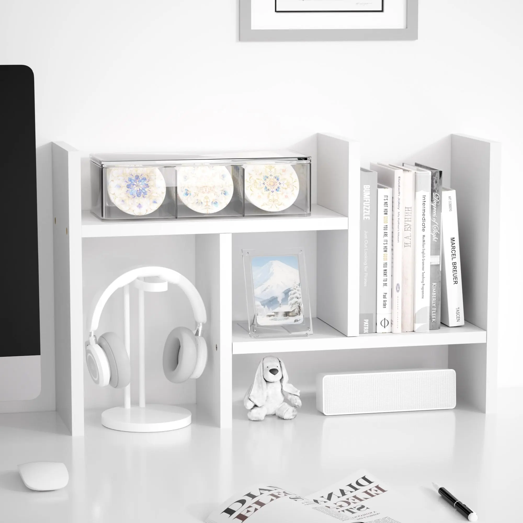 Eco-Friendly Solid Wood Desk Organiser, Adjustable Double-H Free-Style Mini Bookshelf, Multi-Functional Office Storage Rack for Child’s Desk, Cute Room Decor Natural Stand