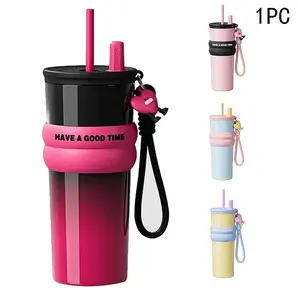710ML/25oz Macron color scheme stainless steel thermos cup with lanyard, car ice cup large capacity drinking cup with straw 316 stainless steel portable outdoor straw cup, double drink mode can be switched