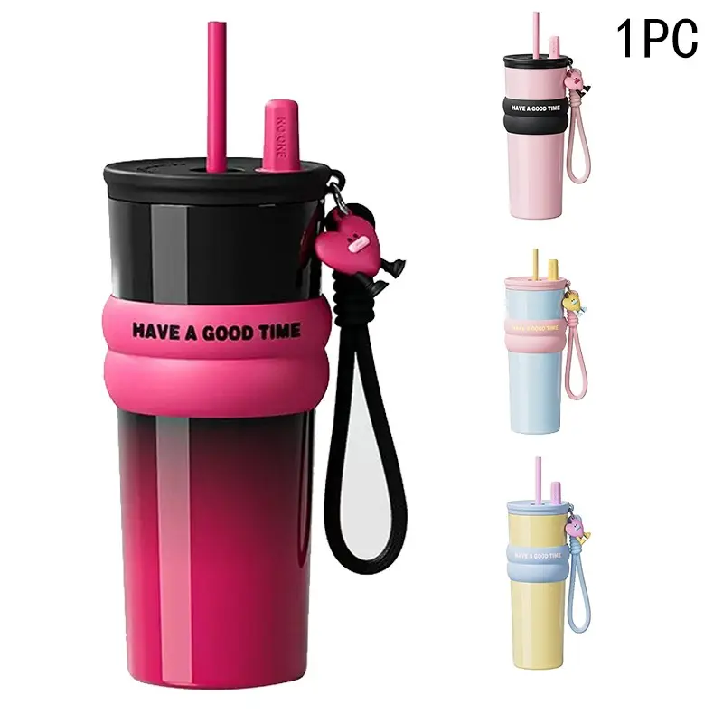 710ML/25oz Macron color scheme stainless steel thermos cup with lanyard, car ice cup large capacity drinking cup with straw 316 stainless steel portable outdoor straw cup, double drink mode can be switched Mug Tumbler Insulated Travel Cup