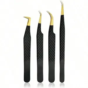 Lash Tweezers - Stainless Steel Fiber Tip Eyelash Tweezers Set Of 4 - Diamond Grip Professional Lash Tweezers For Eyelash Extensions (Black)