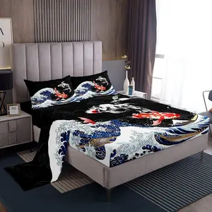 Feelyou Japanese Ukiyoe Koi Fish Bed Sheet Set - Microfiber Softness, Ocean Surfing Theme, Adult Japanese-Style Exotic Bedding Collection for Bedroom Linens