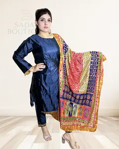 Navy Blue Punjabi Suit – Glossy Silk Ensemble with Vibrant Multicolor Phulkari Dupatta